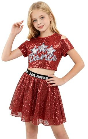 LOLANTA Tanzoutfits mit Pailletten für Mädchen, glitzernde Jazz Hip Hop Tanzkleidung, bauchfreie Oberteile mit Rock, 5–12 Jahre