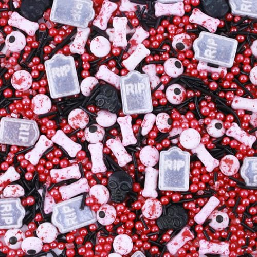 Lukinuo Halloween Streuen 3.5 oz Tombstone Schädel Blutige Augen Knochen Rote Pfirsiche Streuen Mix Essbare Halloween Kuchen Cupcake Toppers Cookie Dessert Streuens Dekorationen