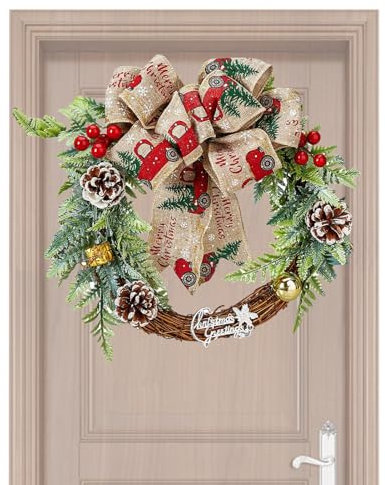 Weihnachts-Türkranz,Weihnachts-Haustürkränze, Weihnachten Künstliche Kränze Wandkranz, Winterkränze mit Schleife, Tannenzapfen und roten Beeren für das Weihnachtsfest im Innen- und Außenbereich