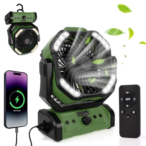 ELZO 20000mAh Camping Ventilator, Wiederaufladbarer Tischventilator USB Ventilator mit LED Licht & Haken, 270° Drehung mit Fernbedienung, Clip Fan für Outdoor Camping Stromausfall Angeln Hurricane