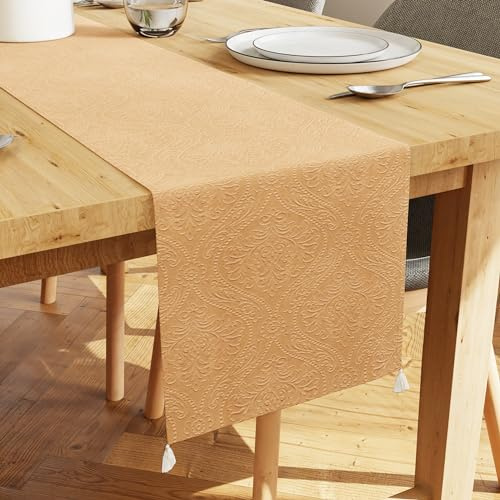 Encasa XO Camino de Mesa Terciopelo, Diseño Grabado 13x94 Oro | Terciopelo Lujoso de Poliéster | Lavable a Máquina | Elegante Decoración para Mesa de Comedor y Centro