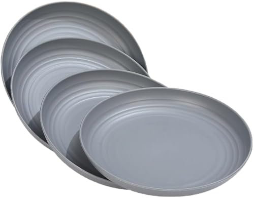 MaoMaoCha Plastic Plates Reusable Set of 4, 8 Inches Unbreakable Dinner Plates, Lightweight Camping Plate for Picnic, Salad, Pasta, Party, Home, Office, Dishwasher & Microwave Safe (Gray)