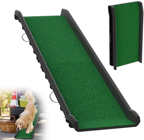 XMTECH Klappbar Hunderampe Hundetreppe aus Kunststoff mit Kunstrasen, rutschfest Hunderampen Haustiertreppe Katzentreppe Hundeleiter 156 x 40 cm für Große & Kleine Tiere