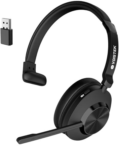 Voistek Mono Bluetooth Headset with Microphone,Wireless One-Ear Headphones with Microphone Noise Cancelling Mic with USB Dongle,50H Battery,Mute Button for Office,PC,Laptop,Zoom,Teams,Call Center