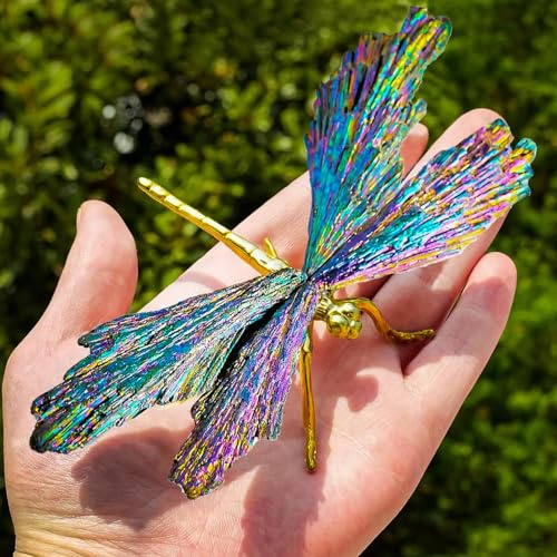RJINGSHI Dragonfly Statue Natural Electroplated Blue Tourmaline Dragonfly Decor Collection Natural Home Decor Healing Crystals Dragonfly Gift for Women (Gold Blue Dragonfly-G, Small Size)