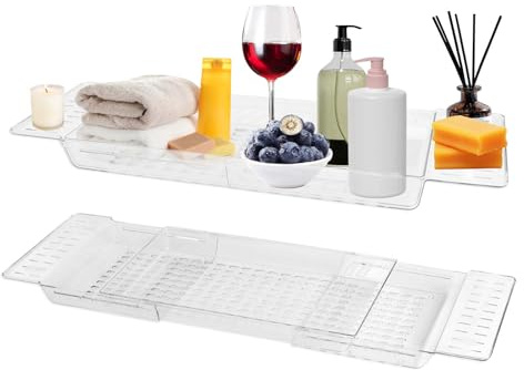 Luxvara Bath Tray, Bath Caddy Tray, Bathtub Trays, Adjustable Bathtray with Drain Holes, Baths Trays for Across the Baths, Expandable Bathtub Caddy Rack for Books Wine Phone Toiletries (Transparent)