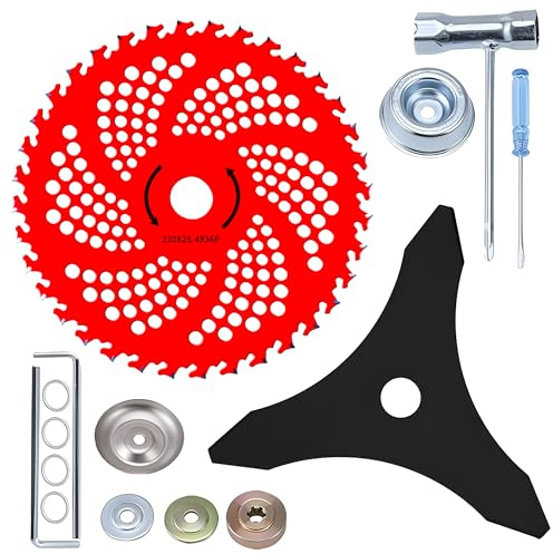 Lames de désherbeur de 22,9 cm x 36 dents – Lames de débroussailleuse à 3 dents en carbure de tungstène avec kit de 15 adaptateurs universels compatibles avec les désherbeurs, les coupe-bordures et