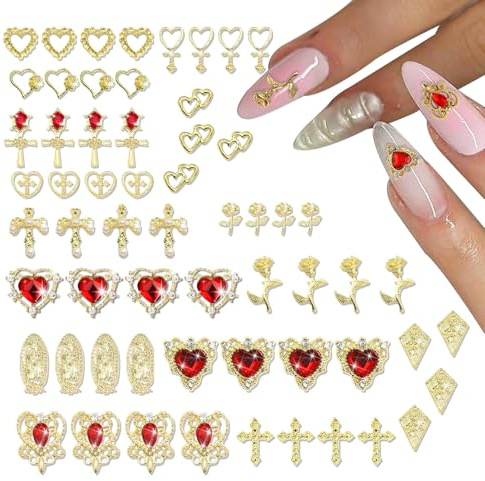 60PCS Gold Nail Charms & Gems – 3D Heart, Crystal Rhinestone, Rose & Virgin Mary Designs. Luxury Metal Nail Gems for Manicure, DIY Nail Art Decor. Idea for Stunning Nail Designs & Decorations