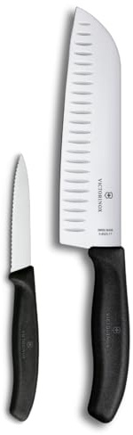Victorinox Swiss Classic Profi Küchenmesser-Set, 2-teilig, Inkl. Gemüse- und Santokumesser, Universalmesser, Gerade Klingen, 8+17 cm, Scharf, Schwarz