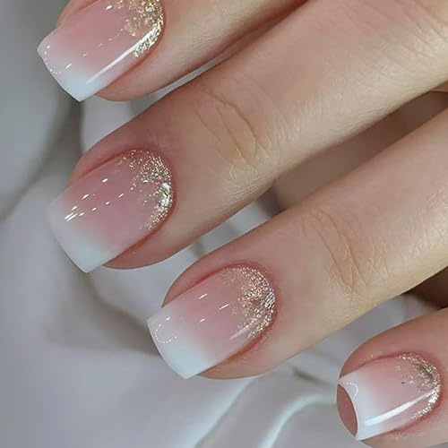 Glitter Fake Nails with Glue - 24PCS Ombre False Nails Short Square - Nude White Press on nails - Stick on Nails French Tip 12 Sizes - Full Cover Square nail Tips and Glue Long Lasting for Women