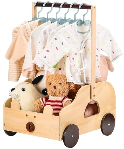 ONUEMP Holz Babykorb mit Bärendesign, Aufbewahrungsbox mit Rollen und Griff, 40x30x58cm, Personalisierbare Geschenkkiste für Babyparty, Naturholz