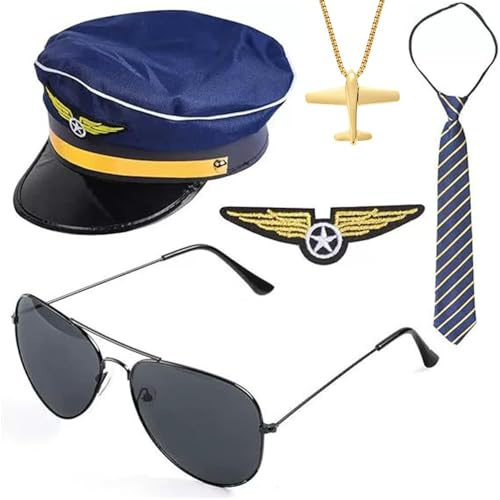 BWOOOWE Cappello Pilota Aereo Set Completo Costume da Hostess di Volo Accessori Professionali Berretto Uniforme Aviazione Cosplay Carnevale Festa a Tema(Blu)