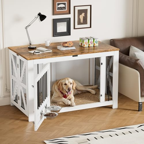 Elancee Grande gabbia per cani pieghevole da 104,9 cm, in legno, per cani (15,9 – 27,2 kg) con 2 ciotole, tavolino da interno in stile fattoria