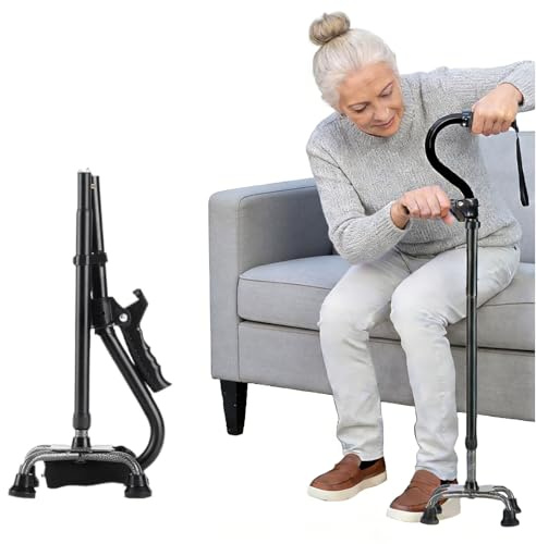 CAIEJSAEN Justerbar promenadkäpp med dubbelhandtag, 8 höjdnivåer, vikbar, ergonomiskt mjukt handtag, promenadkäpp med fyra fötter för äldre och vuxna