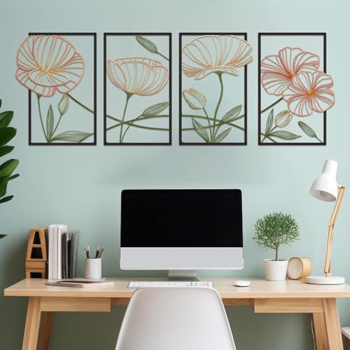 ESTART Dekor 4 Stück Metall Lotusblume Wanddekoration | Abstrakte Blumen Ästhetische Spleißlinie Kunst, Minimalistische Wandskulptur für Wohnzimmer Schlafzimmer Yogazimmer (Bunt)