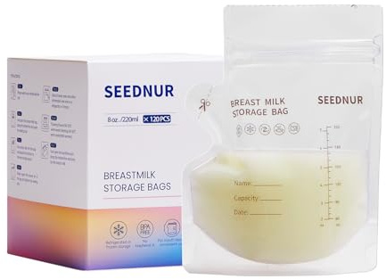 SEEDNUR 120 Stück Einweg-Muttermilchbeutel, 220ml Muttermilch-Aufbewahrungsbeutel, BPA-frei Muttermilch Aufbewahrung Bag mit Ausguss für Bequemes Stillen, Kann Eingefroren Werden, Selbststehend