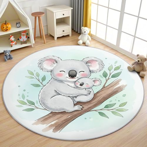 AevuCub Koala Teppich Rund 90 cm Kurzflor - Waschbare Teppiche Wohnzimmer Tiere Kinder Cartoon Waldtiere - Runder Teppich 90 Durchmesser Kinderzimmer - Schlafzimmer rutschfest Weich