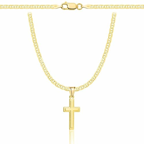 ZELYA Cadena de oro con cruz/medallón chapado en oro 925/585 de 14 quilates para niñas y niños – Cadena de comunión con cruz, cadena infantil para comunión y bautizo, caja de regalo con grabado