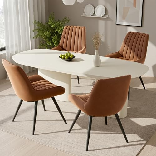 Fijinhom Modern Upholstered Dining Chairs — Extra-Thick Cushions, Fabric-Look Material, Armchairs with Backrests; Kitchen & Dining Room Chairs; Featuring Metal Legs (Brown, Set of 4)