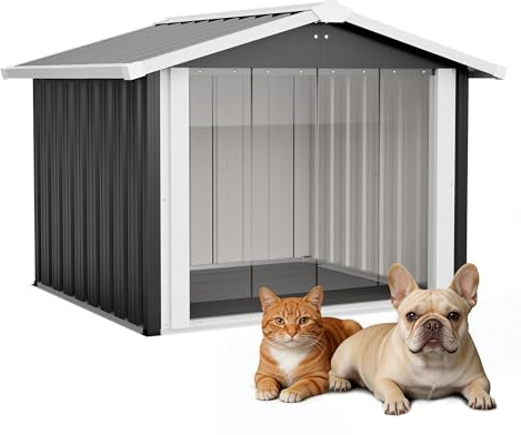 Hundehütte, Wetterfeste Hunde hausaus verzinktem Stahl, Hundehöhle mit Boden & Dach, für Garten Draußen, Anthrazit