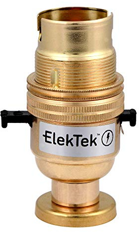 ElekTek Safety Switched Lamp Bulb Holder B22 BC Bayonet Cap Shade Ring, Brass, CNC Back Plate Mount Cover & Screws Made in UK - Child Safe Switch Push Bar Locks Off & cuts Power if no Bulb Fitted