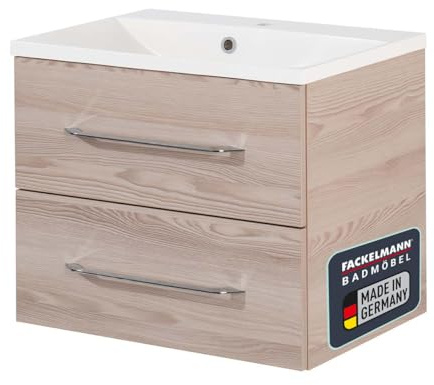 FACKELMANN Waschtischunterschrank inkl. Gussbecken B.CLEVER/Soft-Close-System/Maße (B x H x T): ca. 60 x 48,5 x 46 cm/Möbel fürs WC oder Badezimmer/Schrank: Braun hell/Becken: Weiß
