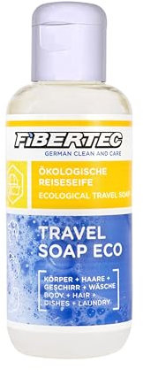 FIBERTEC Travel Soap Eco 250ml - 3-in-1 Reise-Seife flüssig, Körperpflege, Waschmittel & Geschirrspülmittel in einer Universal-Lösung, Biologisch abbaubar, Made in Germany