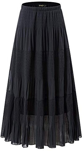 NASHALYLY Women's Chiffon Elastic High Waist Pleated A-Line Flared Maxi Skirts(Black,XL)