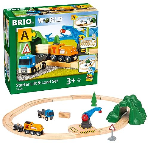 BRIO World 33878 - Starterset Güterzug mit Kran - Der ideale Einstieg in die Holzeisenbahn Empfohlen für Kinder ab 3 Jahren