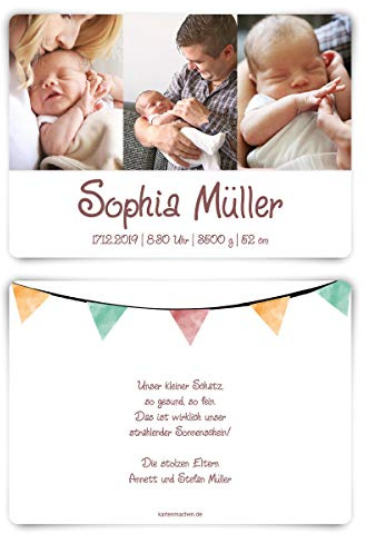 20 x Geburt Danksagungskarten Geburtskarten individuell mit Foto und Text für Mädchen und Jungen - Aquarell Wimpel