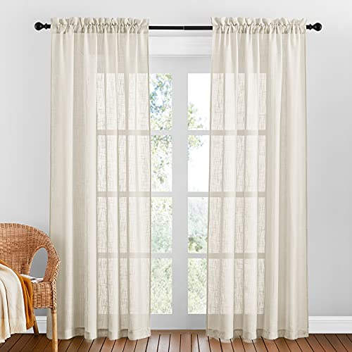PONY DANCE Voile Curtains for Bedroom - Thick Faux Linen Front Door Curtain Sheer Slot Top Curtains & Panels for Living Room, One Pair, 52 inch Wide x 84 inch Long, Beige Cream