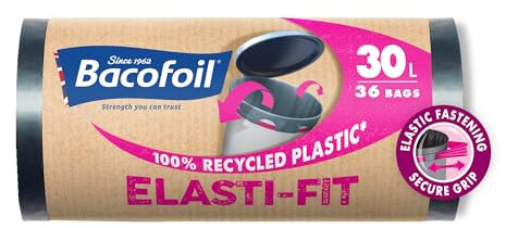 Bacofoil Elasti-Fit Bin Liners - 30L Recycled bin bags, 3 Rolls (36 Bags) - Leak-Proof, Elastic Fastening for Secure Fit - Made from 100% Recycled Plastic - Eco-Friendly Waste Disposal.