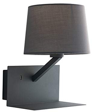 LED Wandlampe Grau mit Stoff Lampenschirm, USB Lampe mit Ladefunktion & Ablage