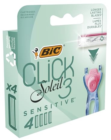 BIC Click 3 Soleil Sensitive rakhyvel för kvinnor, 3 rörliga blad och smörjremsa – låda med 4 patroner