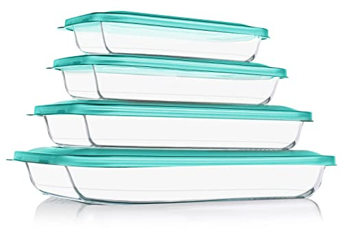 KOMUEE 8 Pieces Glass Baking Dish with Lids Rectangular Glass Baking Pan Bakeware Set with BPA Free Lids, Baking Pans for Lasagna, Leftovers, Cooking, Kitchen, Fridge-to-Oven, Green