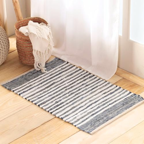 HOMEMONDE Denim Rag Rug 20x32 Blue Recycled Soft Cotton Chindi Hand Crafted Reversible Boho Rugs for Entyrway, Doormat, Kitchen, Bedroom, Living Room