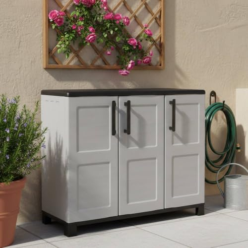 Dmora - Outdoor-Garderobe aus Fell, Mehrzweck-Balkongarderobe, 3-türiger Outdoor-Schrank, 100 % Made in Italy, 102 x 37 x 90 cm, Hellgrau und Schwarz, kariertes Finish
