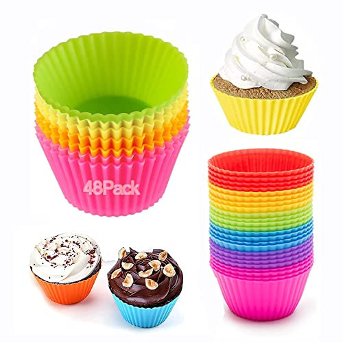 48er-Pack Reusable Silicone Cupcake Moulds Muffin Moulds,Silikonformen, Standard Silikonformen für Muffins 4 Farben, antihaftbeschichtet BPA-Frei | spülmaschinengeeignet (Farbe)