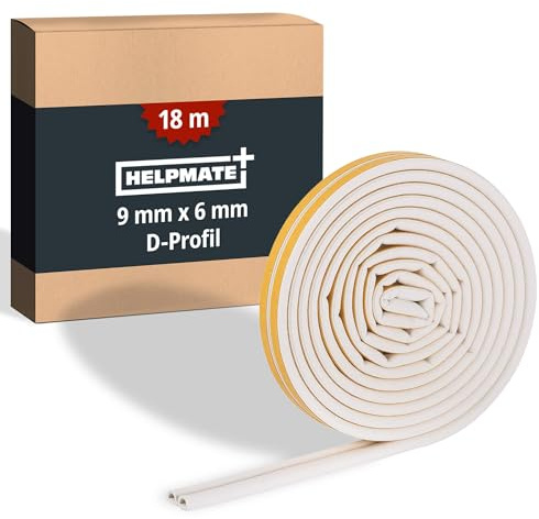 HELPMATE – Dichtungsband D‑Profil 9x6 mm – 18 m – Für Spaltmaß 3-5,5 mm | Weiße & selbstklebende Fensterdichtung und Türdichtung – Profildichtung zur Isolierung kleiner Spalten