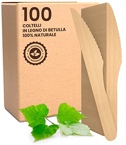 100 Coltelli Usa e Getta Posate Legno Monouso Biodegradabili Compostabili | Ecologici Baciato Caffè in Legno di Betulla 100% Naturali