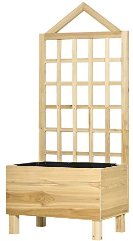 Outsunny Jardinera de Madera con Enrejado Jardinera con Celosía Arriate de Jardín con Tela no Tejida y 2 Orificios de Drenaje para Cultivos Verduras Flores en Exterior 60x43x147 cm Natural