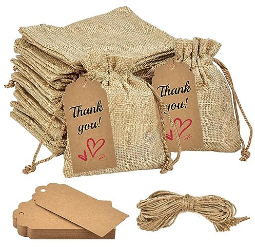 LANSKYLAN 50 Stück Jute Geschenktüten mit Kordelzug Geschenkanhänger Kleine Jutesäckchen zum Befüllen Klein Jutebeutel 10x12cm Adventskalender Säckchen Jute Stoffbeutel für Klein Geschenke Süßigkeiten