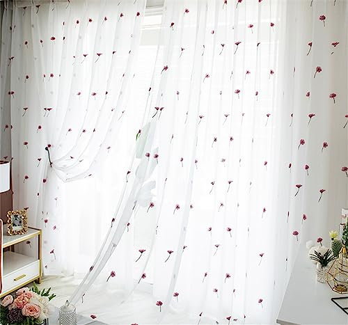 KEKUYA Voile Gardinen Vorhang halbtransparent 2er Set Vorhänge aus Gaze Stoff mit Ösen Atmungsaktiv Luftig Dekoschal für Wohnzimmer Schlafzimmer Kinderzimmer- Rote Chrysantheme(B229 x H183cm)