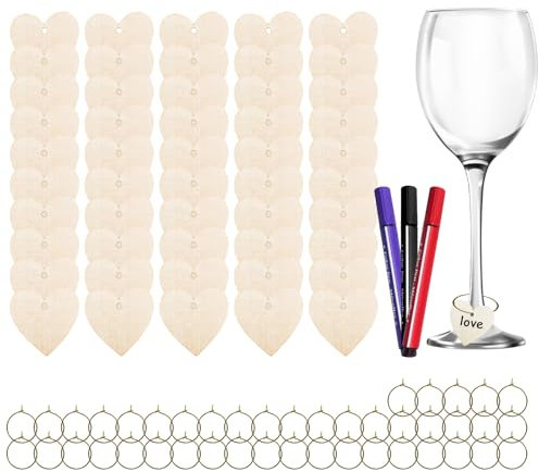 Pumuky Lot de 50 Charms pour Verre à Vin avec 3 Marqueurs, Identificateurs de Verre en Bois, Adaptables pour Fêtes, Rassemblements, Mariages, Célébrations et Banquets