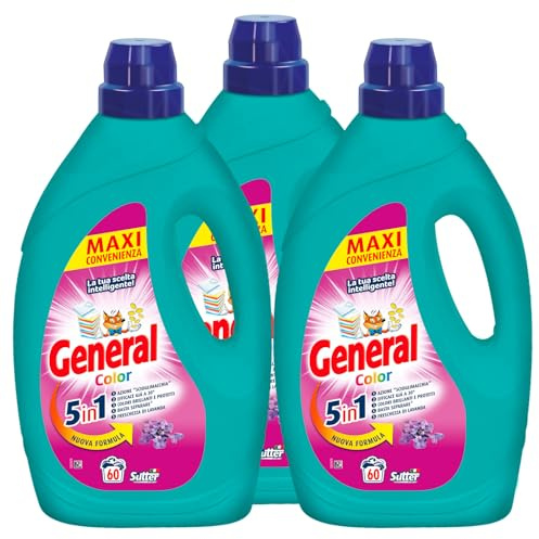 General Color Detergente líquido 5 en 1 para lavadora 60 lavados, acción disuelva manchas para prendas de colores protege el brillo, el perfume de la lavanda - 3 botellas de 2,7 l cada uno