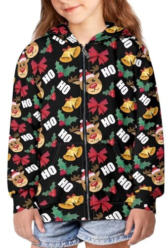 Howilath Giraffe Zip up Hoodies Kinder Blume Schmetterling Langarm Pullover Tops Motte Floral Hoodie Sweatshirts mit Taschen, Rentier Stechpalme Weihnachten Glocke Schleife, L
