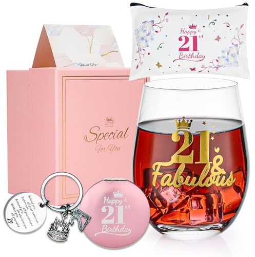 JOONYOEE Regalos de cumpleaños número 21 para niñas y mujeres, juego de regalos de copa de vino sin tallo, ideas de recuerdo para hermana de 21 años, hija, damas, amigas, decoraciones de feliz