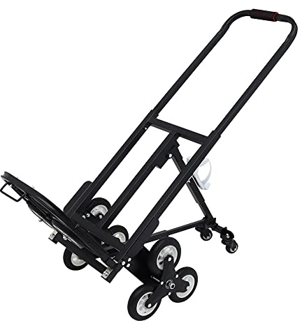 PreAsion Heavy Duty Stair Climber Hand Trucks Portable Folding Stair Climbing Dolly, 420 LBS Capacity Handcart Luggage Cart with 6 Wheels and 2 Backup Wheels Black-with 2 Casters