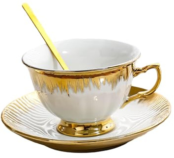 F Fityle Tazza da caffè e piattino in ceramica Tazza da cappuccino Styling Lucido Elegante set da tè pomeridiano Tazza da caffè espresso per la cucina del bar, bianco