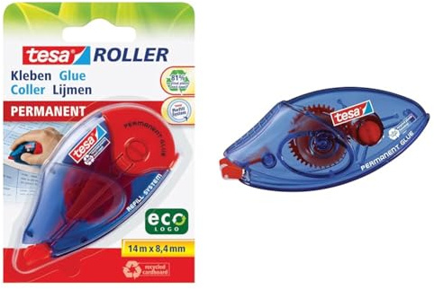tesa Roller Kleben Permanent ecoLogo - Nachfüllbarer Kleberoller & Roller Kleben Permanent ecoLogo Einwegroller - Umweltschonender Kleberoller mit reißfestem PET-Band - 8,5 m x 8,4 mm